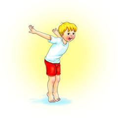 Kids Yoga - Joga für Kinder, Asana Vogel, horizontal Banner Design Concept Cartoon. Junge barfuß in Yoga Haltung, macht fröhliches Gesicht. Yogi Logo auf Hintergrund in weiß.