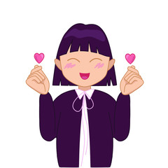 happy cheerful teen girl showing heart shaped sign with fingers. k-pop south korean popular music icon. asian idol singer. kpop army fan group. Isolated vector illustration on white.