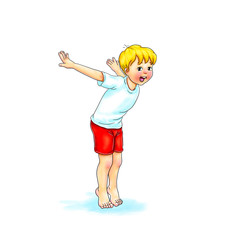 Kids Yoga - Joga für Kinder, Asana Vogel, horizontal Banner Design Concept Cartoon. Junge barfuß in Yoga Haltung, macht fröhliches Gesicht. Yogi Logo auf Hintergrund in weiß.