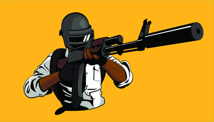 soldier aiming with a gun. Helmet weapon battle. Isolated vector illustration. Man on battleground. Battle royal video games