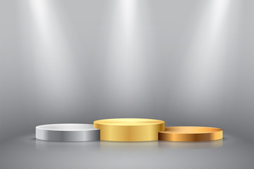 Golden, silver and bronze cylinder winner podium under the light. Vector realistic illustration.