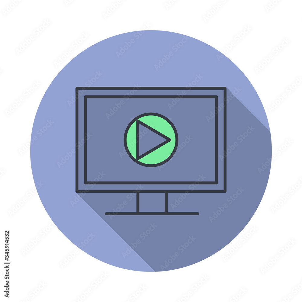 Aufkleber media player on the monitor long shadow icon. simple color vector of web icons for ui and ux, websit