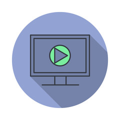 media player on the monitor long shadow icon. Simple color vector of web icons for ui and ux, website or mobile application