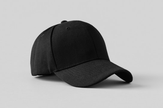 Black baseball cap mockup on a grey background.