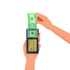 online money currency wallet concept. to buy goods in internet. use credit card for shopping. gold bank credit card. withdraw cash from atm. banking service app smartphone isolated vector illustration
