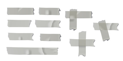 Gray adhesive or masking tape pieces isolated on white background. Vector design elements.