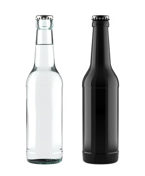 A Set of 12 oz Clear Glass and Black Bottles for Beer, Soda, Cola, Water or Other Drinks for Accurate Work with Light and Shadows. 3D Render Isolated on White Background.