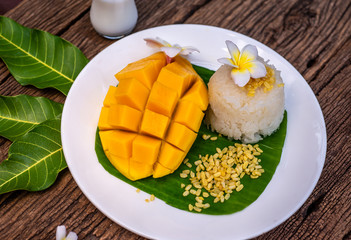 Thailand Dessert Sweet Mango And Sticky Rice On Banana Leaf, Summer fruit