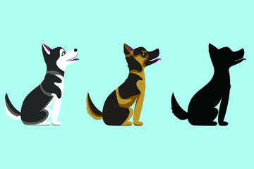 Vector illustration of dogs sitting and looking up. German Shepherd Dog, Siberian Husky, dog silhouette. cute playful  pet