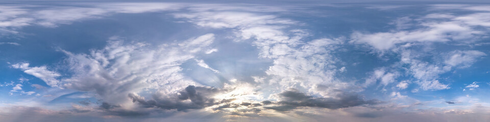 Seamless hdri panorama 360 degrees angle view blue evening sky with beautiful clouds before sunset...