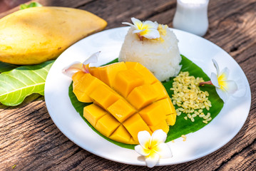 Thailand Dessert Sweet Mango And Sticky Rice On Banana Leaf, Summer fruit