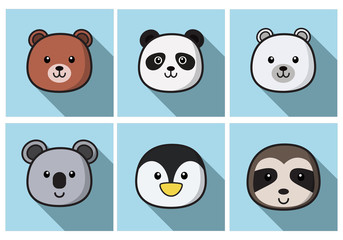 Set Of Cute Cartoon Animals Face Isolated . Vector Flat Design Illustration from Front. Suitable for Web site page, Mobile app and Social Media.