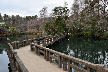 Fototapeta premium Wooden bridge over the lake in Inokashira park