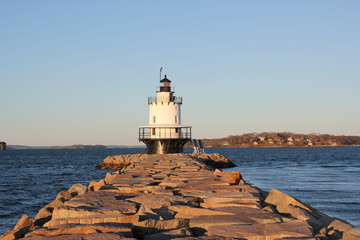 Portland, Maine, US - 20/11/2019: lighthouse on harbour in Portland Maine ME, SPRING POINT LEDGE...