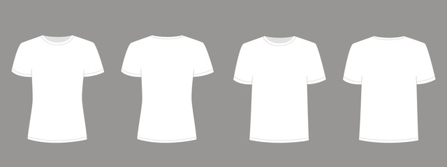 Mens and womens white t shirt with short sleeve. Shirt mockup in front and back view. Vector template illustration