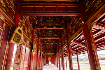 Hue, Vietnam &ndash; 27 July 2019: Temple in the Imperial City (citadel) of Hue (UNESCO World Heritage site). The place that leads to the palaces of kings, is the official in the 19th century in Hue, Vietna