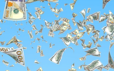 Flying dollars banknotes isolated on a blue background. Money is flying in the air. 100 US banknotes new sample. 3D illustration