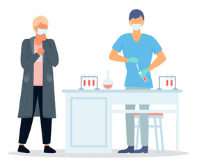 Unhealthy patient taket virus test in medical laboratory. Laboratory assistant holding test tubes with a blood in hands. Viral epidemic. Virus vaccine development. Cartoon characters in flat style