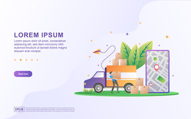 Landing page template with illustrations of shipping services throughout the city.