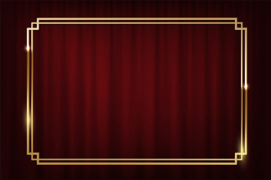 Vintage golden border isolated on dark red curtain background. Vector retro frame.