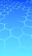 Translucent, with breaks, honeycomb on a gradient blue sky background. Perspective view on polygon look like honeycomb. Isometric geometry. 3D illustration
