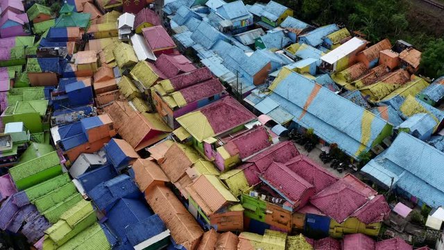 Kampung Pelangi "Rainbow Village" Malang, East Java, Aerial over colorful roofs