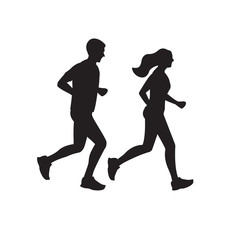 Fototapeta na wymiar Running man and woman silhouette. Couple jogging. Marathon race concept. Sport and fitness design template with runners in flat style. Vector illustration.