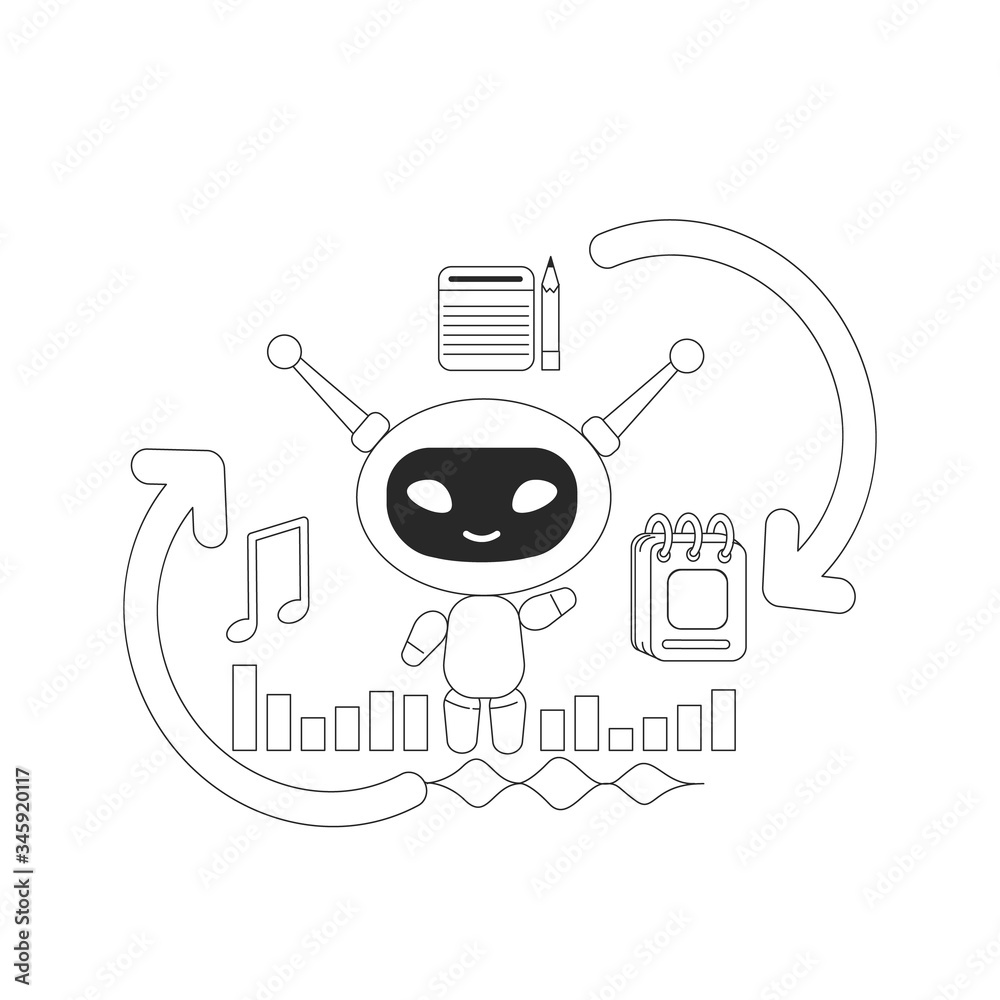 Poster personal smart assistant bot thin line concept vector illustration. helper robot 2d cartoon characte