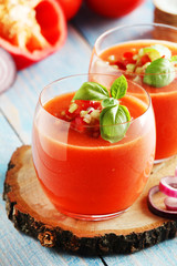 Cold Spanish soup Gazpacho served in glasses