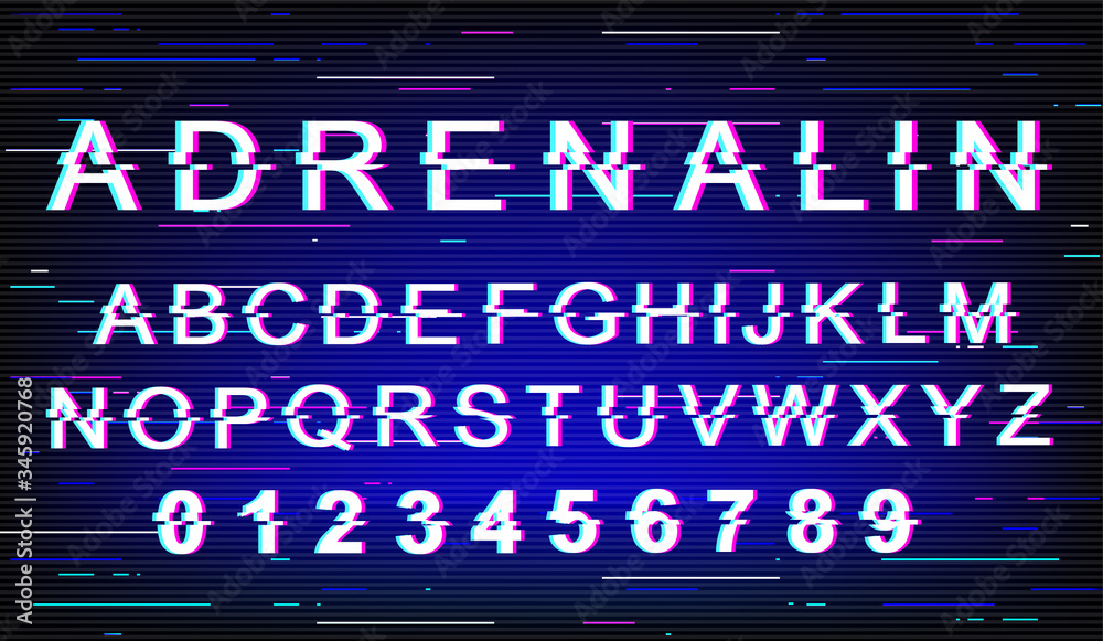 Fototapete adrenaline glitch font template. retro futuristic style vector alphabet set on blue background. capi