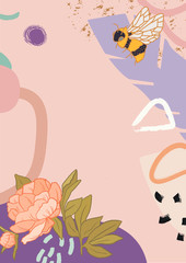 Abstract summer background for notes. Flora and fauna illustration. Brush strokes and trendy abstract shapes.