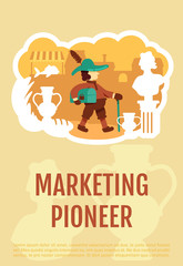 Marketing pioneer poster flat vector template. History of money making. Ancient trader. Brochure, booklet one page concept design with cartoon characters. Medieval trading flyer, leaflet