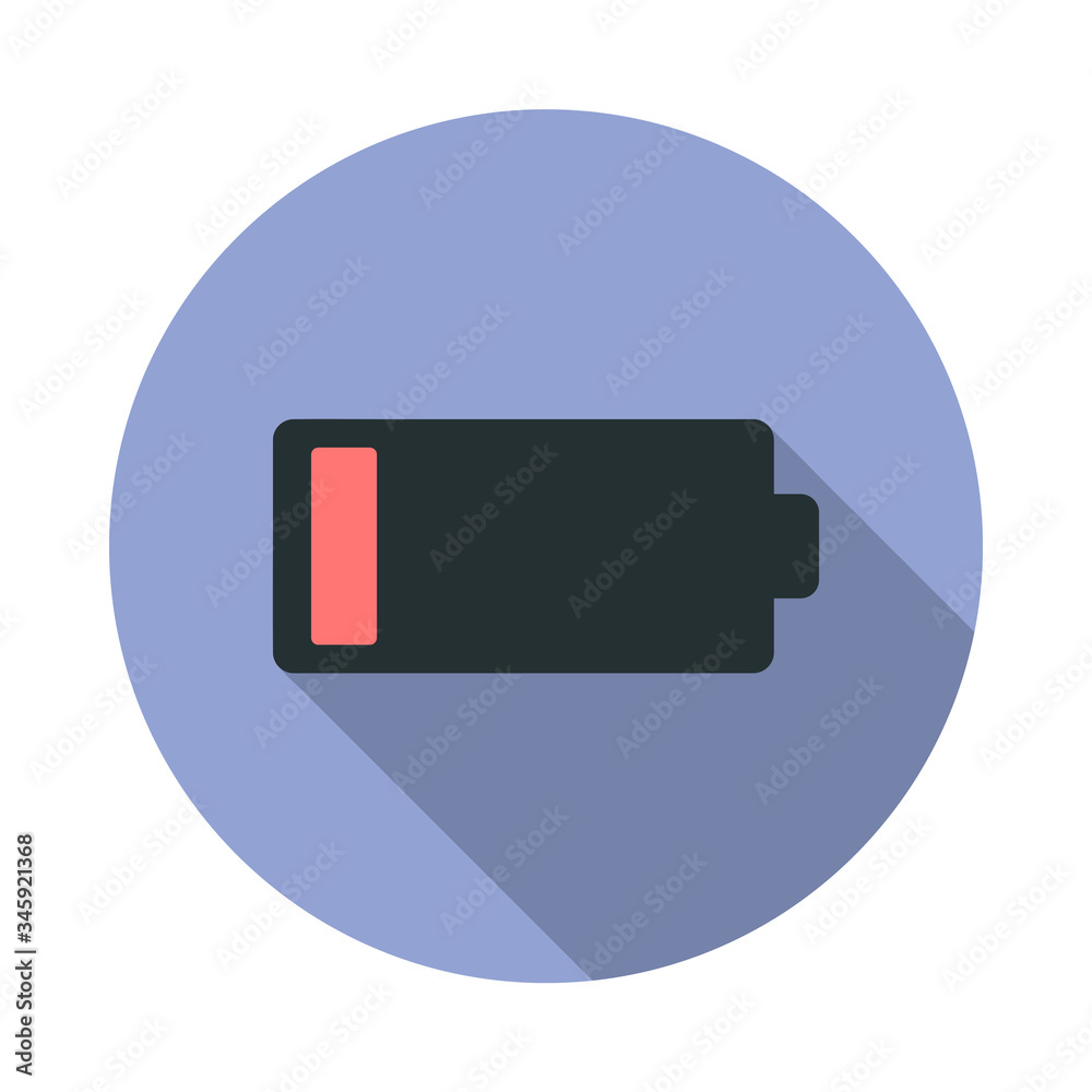 Poster low battery charge long shadow icon. simple color vector of web icons for ui and ux, website or mobi