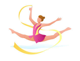 rhythmic gymnastics. gymnast in a suit with a ribbon in the jump. competition, championship, training. Vector illustration. The development of flexibility, Hobbies, sports.