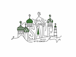 Eid Mubarak celebration- Mosque. Sale banner, scroll,  sticker, badge, price tag, poster. Vector illustration.