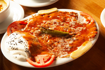 Turkish traditional iskender kebab. Yoghurt.