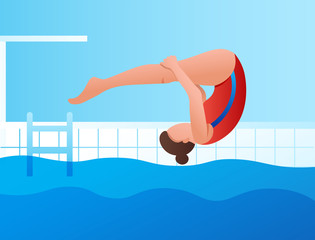 a girl jumps from a springboard into a pool of water. Sports competition, championship, training. Healthy lifestyle. Vector illustration
