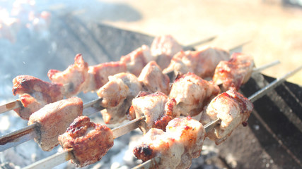 shish kebab on the grill, Pork skewers
