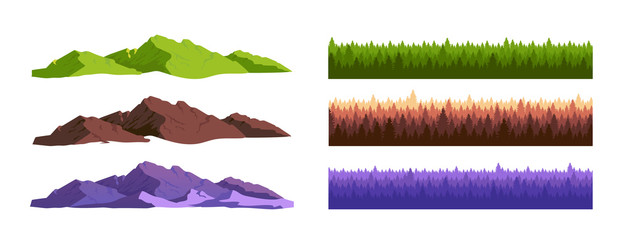 Mountains and coniferous forest cartoon vector objects set. Wild nature landscape constructor. Fir trees and rocks flat color illustrations collection. Woodland isolated pack on white background © IMGvisualsCharacters