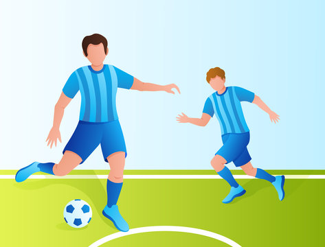 football players play with the ball on the field. Team competition, the championship. The striker gives a pass. Vector illustration.