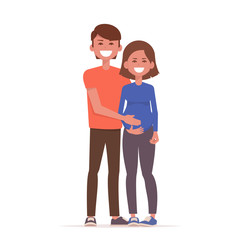 Happy couple expecting a baby. A man hugs a pregnant woman. Pregnancy. Vector illustration in flat style
