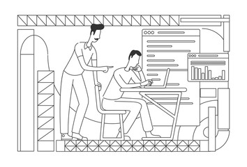 Business analytics project curator thin line vector illustration. Office workers analyzing charts and graphs outline characters on white background. Analyst training simple style drawing