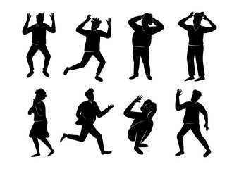 Panic attack black silhouette vector illustrations kit. Panicking people poses. Terrified 2d cartoon characters shapes set for commercial, animation, printing. Stressful situation, problem reaction