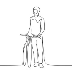 A male cyclist stands directly holding on to the wheel of his bicycle, he looks into the distance. One continuous line art of an athlete on a bicycle stopping to see the road. For animation