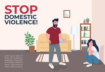 Stop domestic violence banner flat vector template. Family abuse brochure, poster concept design with cartoon characters. Harassment victims support horizontal flyer, leaflet with place for text