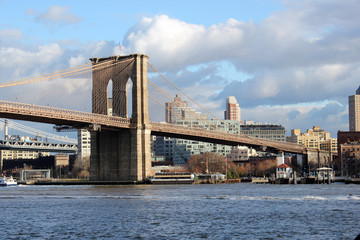 New york, USA - 20.12.2019: Brooklyn bridge in New York, Manhattan skyscrapers skyline behind...