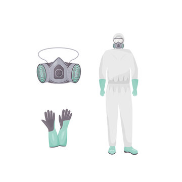 Protective Suit And Accessories Flat Color Vector Objects Set. Personal Protective Equipment. Hazmat Clothes, Air Purifying Respirator And Gloves 2D Isolated Cartoon Illustrations On White Background