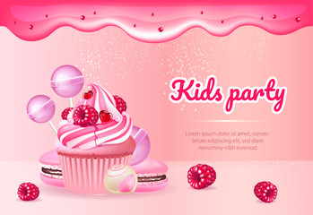Kids party realistic vector product ads banner template. Muffin, macaroons and candies 3d mock up design. Cupcake and biscuits advertisement horizontal printable flyer, brochure with text space