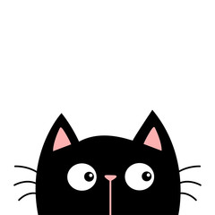 Black kitten cat head face. Kawaii baby pet animal. Cute cartoon character. Pink ears, nose. Scandinavian style. Notebook cover, tshirt, greeting card print. Flat design. White background.