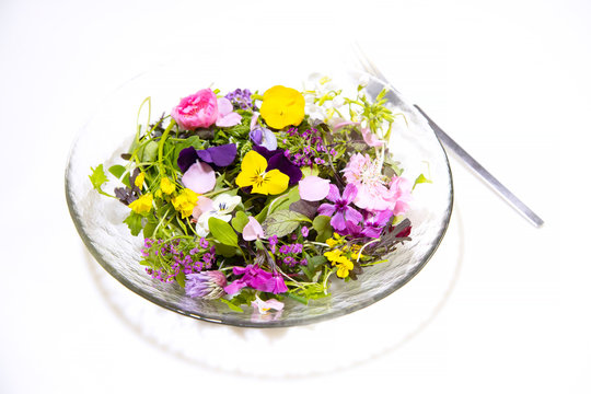 Edible flowers with young salad greens